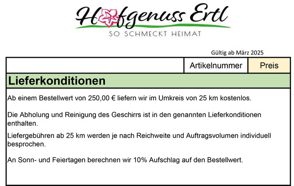 KI generiert: Das Bild zeigt die Lieferkonditionen von "Hofgenuss Ertl", gültig ab März 2025. Ab einem Bestellwert von 250 Euro wird im Umkreis von 25 km kostenlos geliefert, und an Sonn- und Feiertagen wird ein Aufschlag von 10% berechnet.